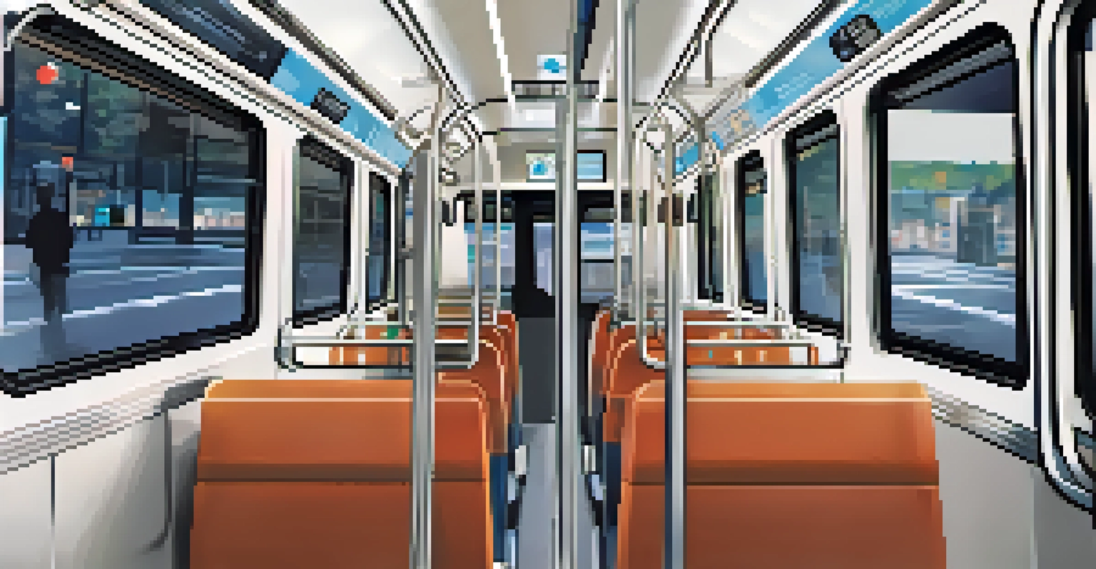 Inside a public transit bus in Jacksonville, featuring modern seating and technology, with passengers looking comfortable and secure.
