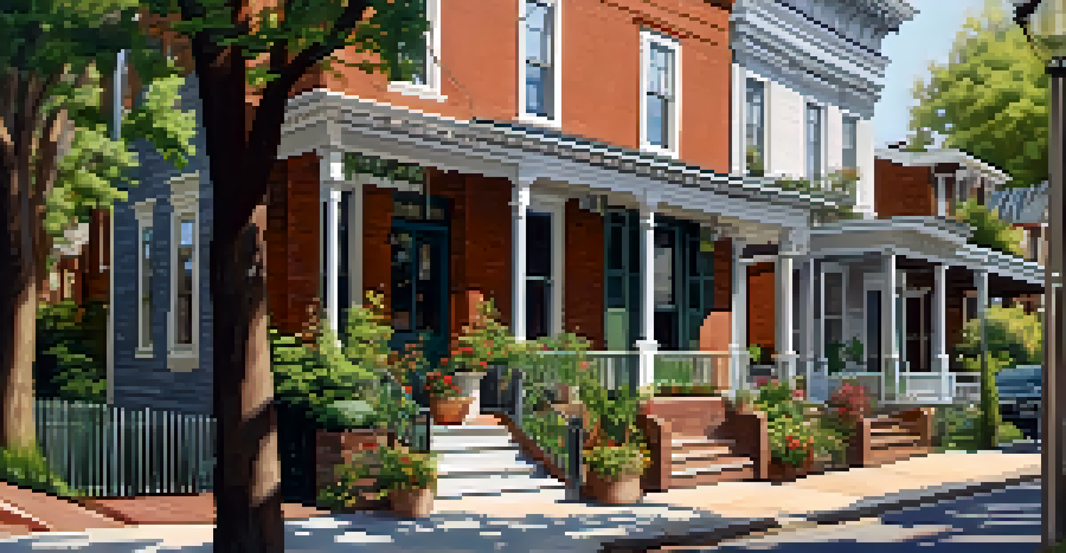 A picturesque street in Riverside Avondale with historic homes and local shops, filled with greenery.