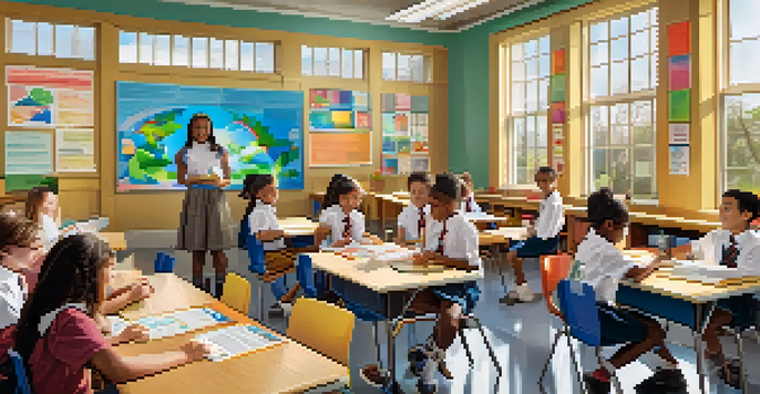 A classroom with diverse students engaged in a science experiment, bright natural light, and colorful educational posters.