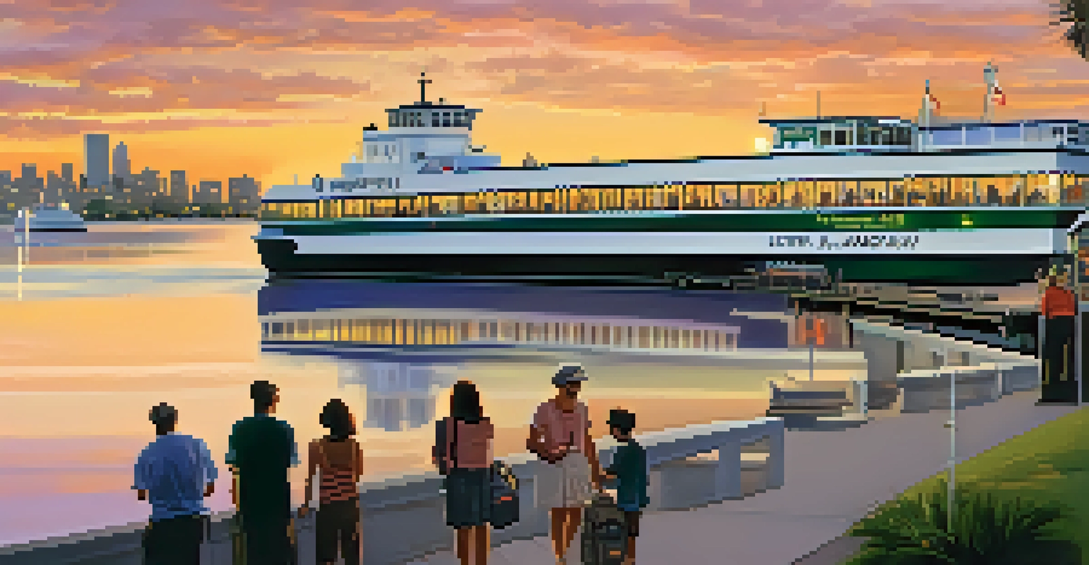 A JTA ferry at sunset with passengers boarding, reflecting the colorful sky on the water.