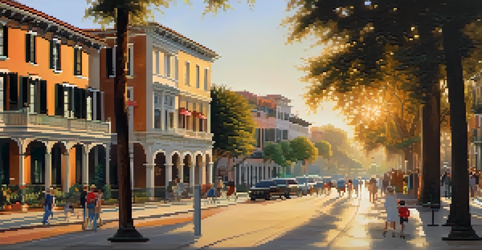A serene streetscape of San Marco featuring historic homes, families walking, and children playing in a park, all bathed in warm afternoon light.