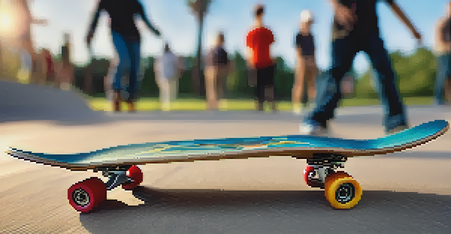A close-up of a skateboard with unique artwork on its deck, with blurred silhouettes of skaters practicing in the background under soft, warm light.