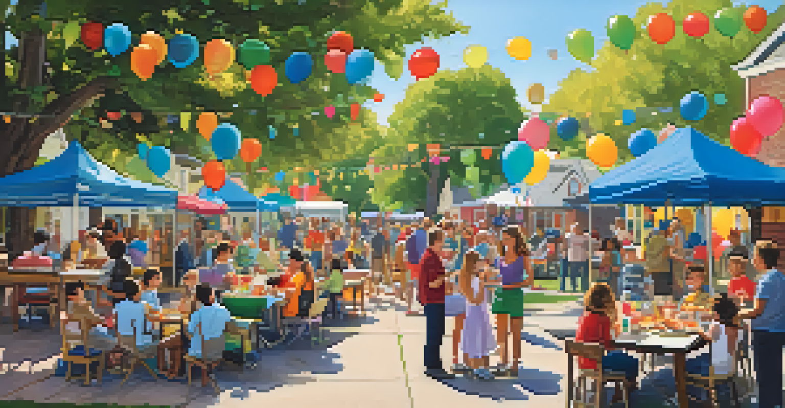 A vibrant block party scene in a suburban neighborhood, with residents enjoying food, games, and music under a large oak tree.