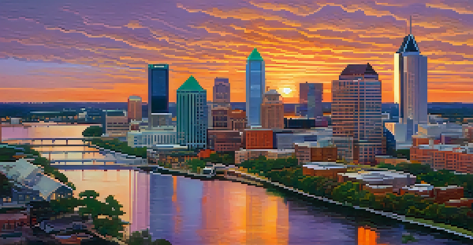 Aerial view of Jacksonville, Florida, highlighting the downtown skyline, the St. Johns River, and surrounding greenery during sunset.