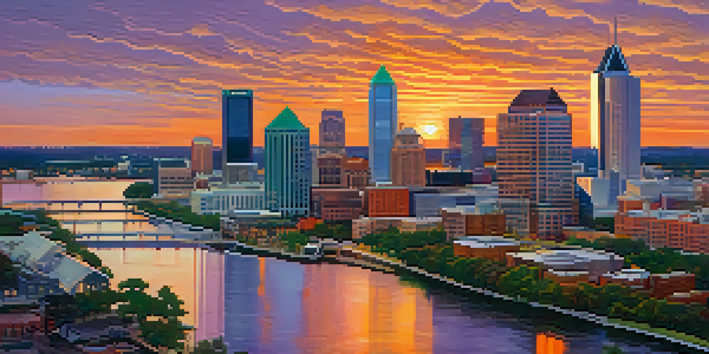 Aerial view of Jacksonville, Florida, highlighting the downtown skyline, the St. Johns River, and surrounding greenery during sunset.
