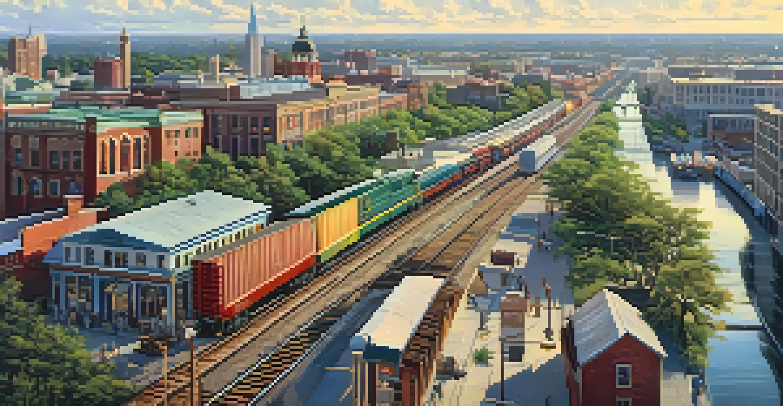 An aerial view of mid-20th century Jacksonville, showing neighborhoods, charming architecture, and railroads connecting the urban landscape, illuminated by golden hour light.