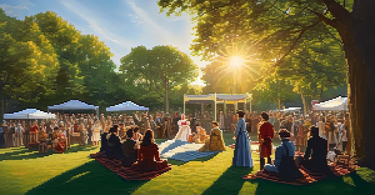 An outdoor theater performance of 'Shakespeare in the Park' with actors in period costumes and an audience on picnic blankets.