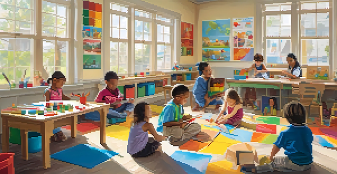 A lively classroom with diverse children engaging in creative learning activities, filled with natural light and colorful decorations.