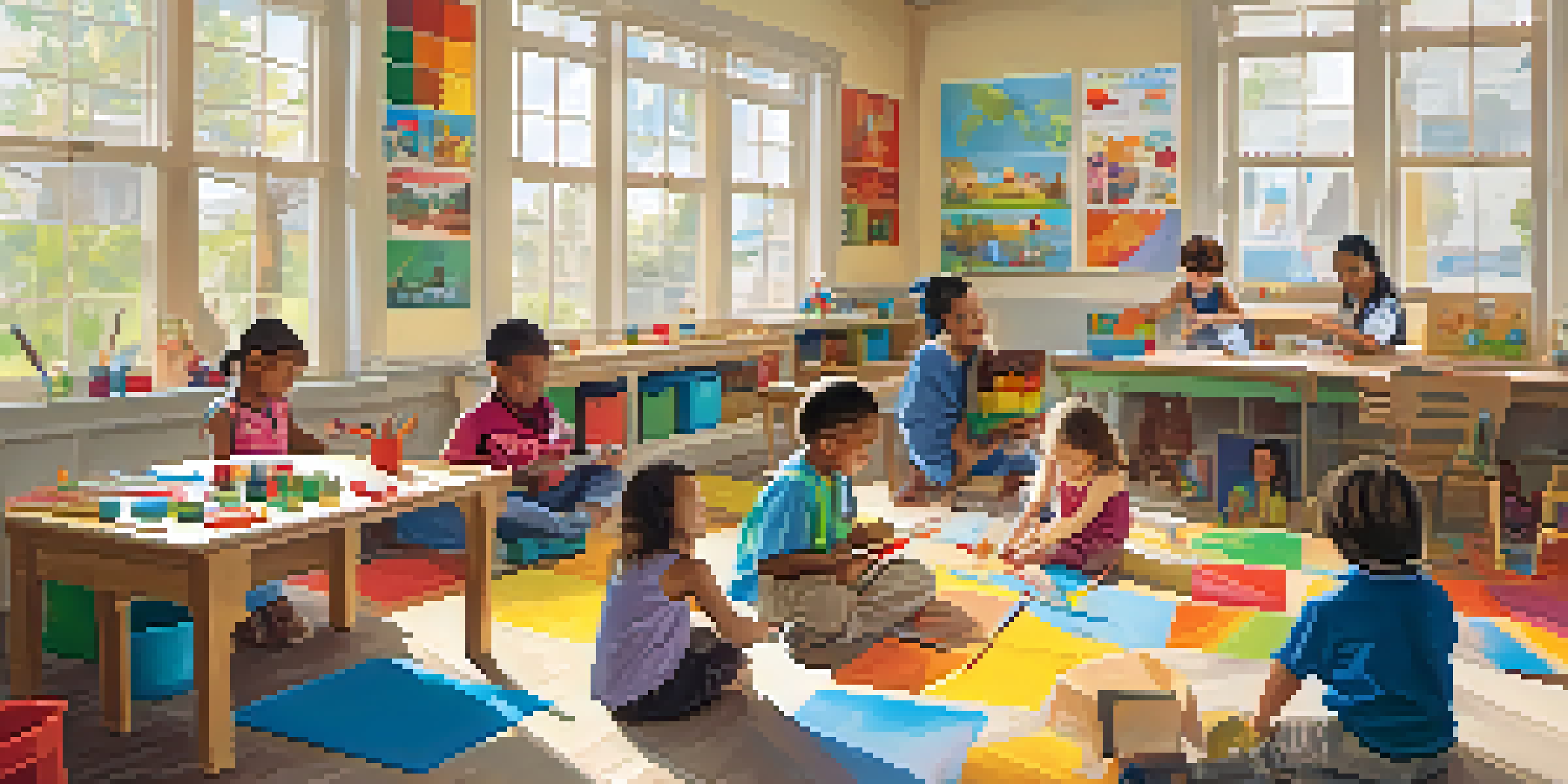 A lively classroom with diverse children engaging in creative learning activities, filled with natural light and colorful decorations.