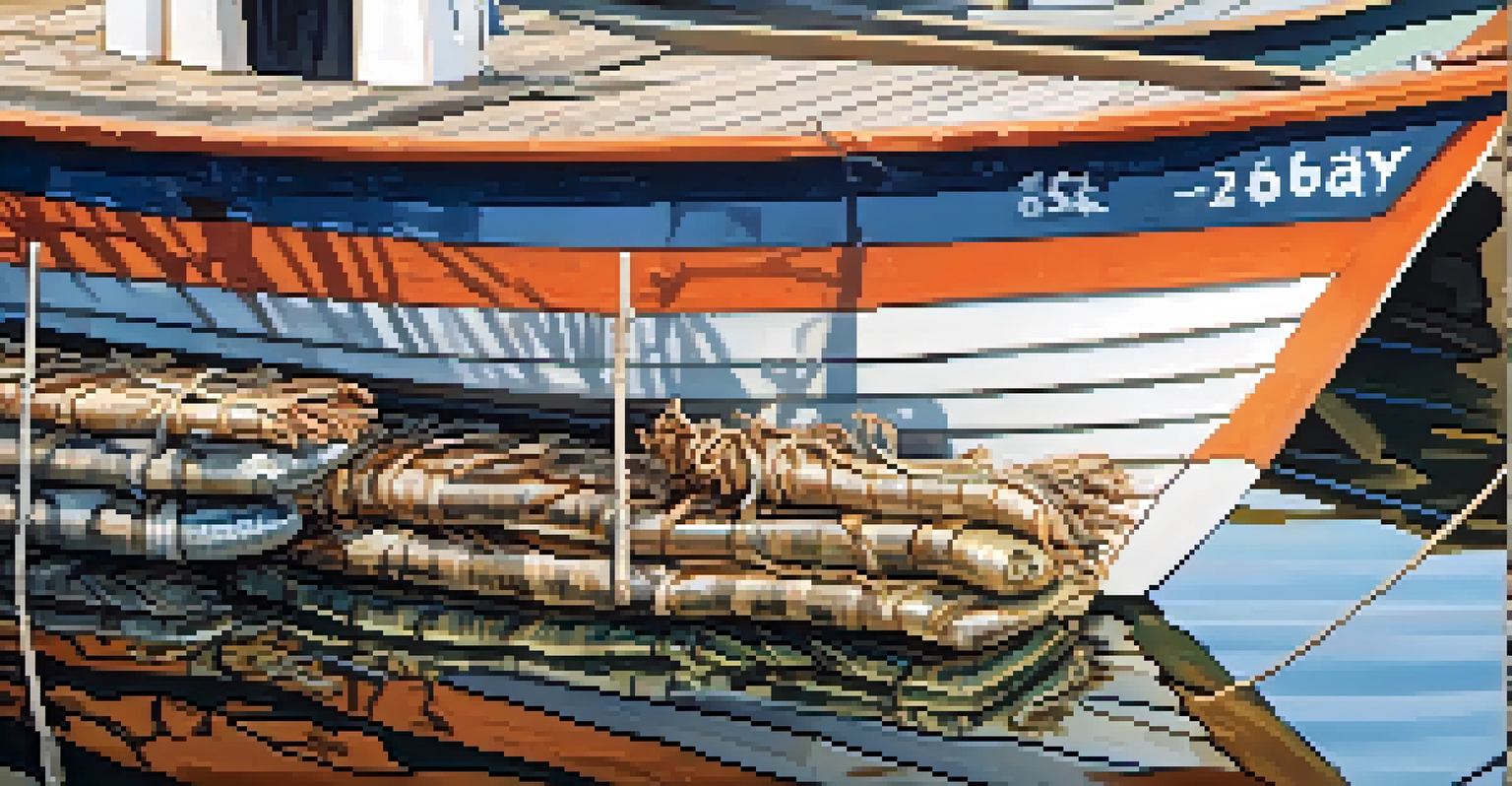 A close-up of a fishing boat in a marina with nets and seafood in soft morning light.