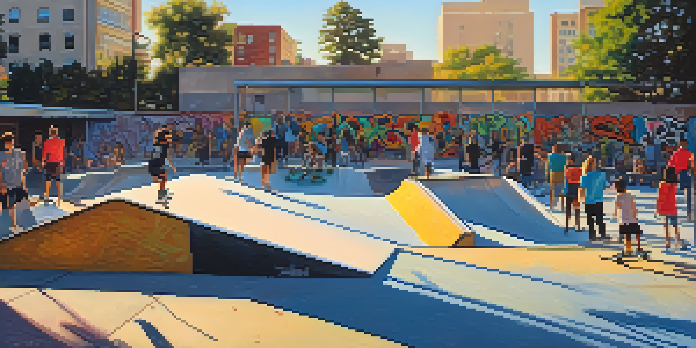 A lively skate park in Jacksonville with diverse skaters performing tricks, colorful skate gear, and graffiti art, illuminated by warm afternoon sunlight.