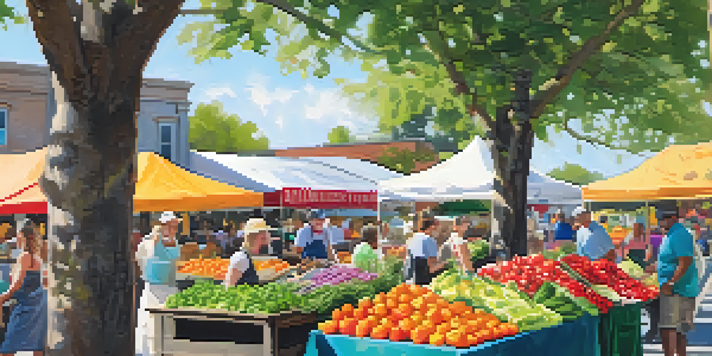 A lively farmers' market filled with fresh produce, artisanal goods, and cheerful vendors under warm sunlight.