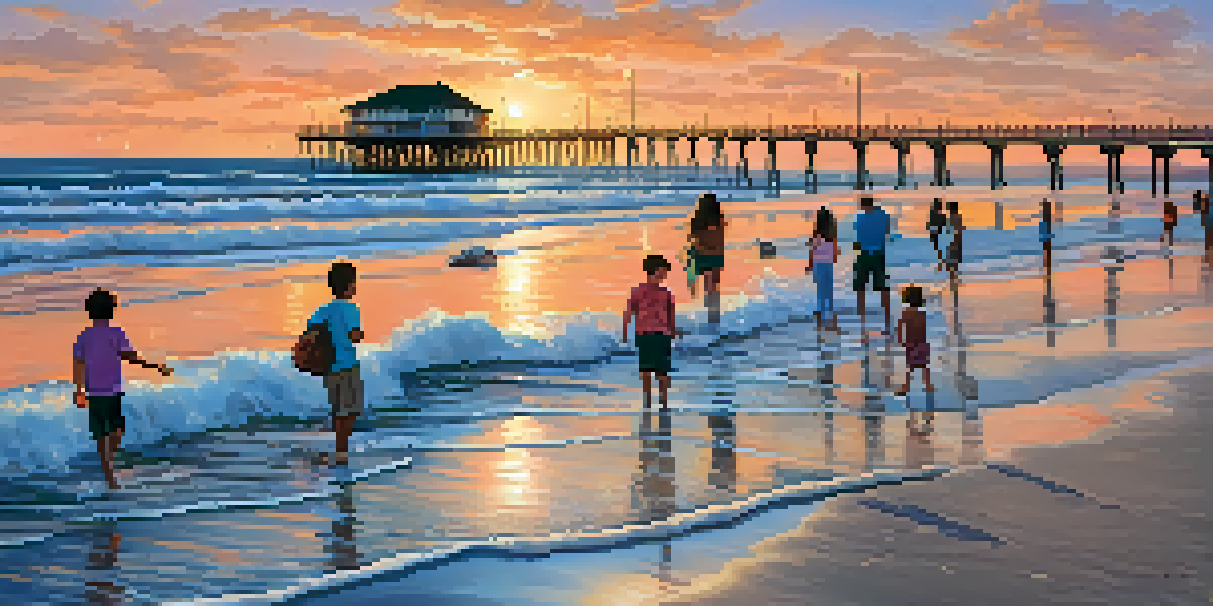A family at Jacksonville Beach, children building sandcastles and collecting seashells with a beautiful sunset in the background.