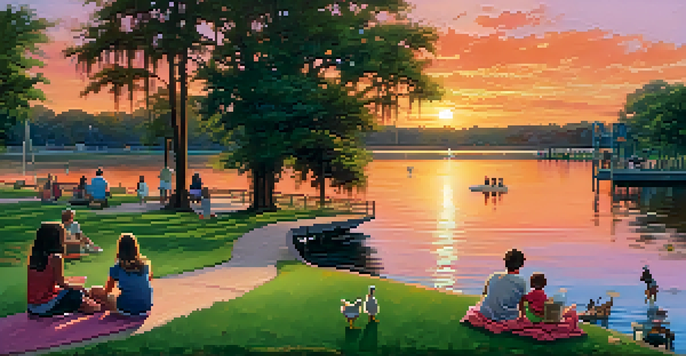 A beautiful sunset over St. Johns River Park, with families enjoying a picnic and children playing in the playground.