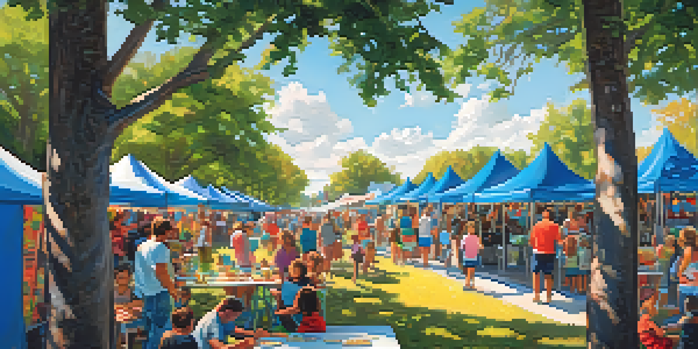 A lively outdoor festival in Jacksonville with families, colorful tents, food stalls, and children playing games under a blue sky.