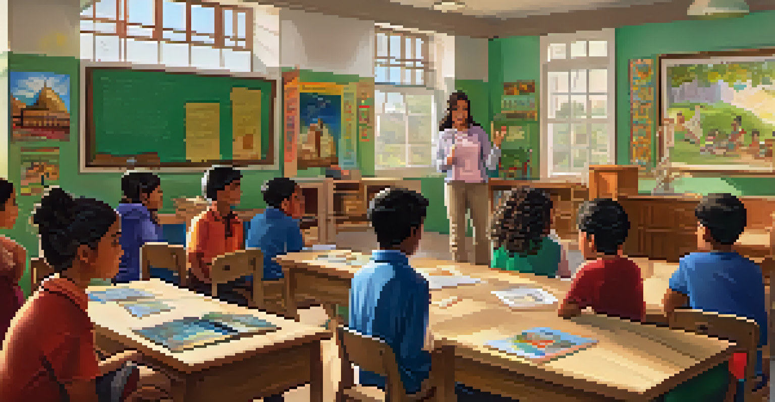 A classroom with diverse students listening to a teacher during a storytelling session about Hispanic cultures, surrounded by cultural artifacts.