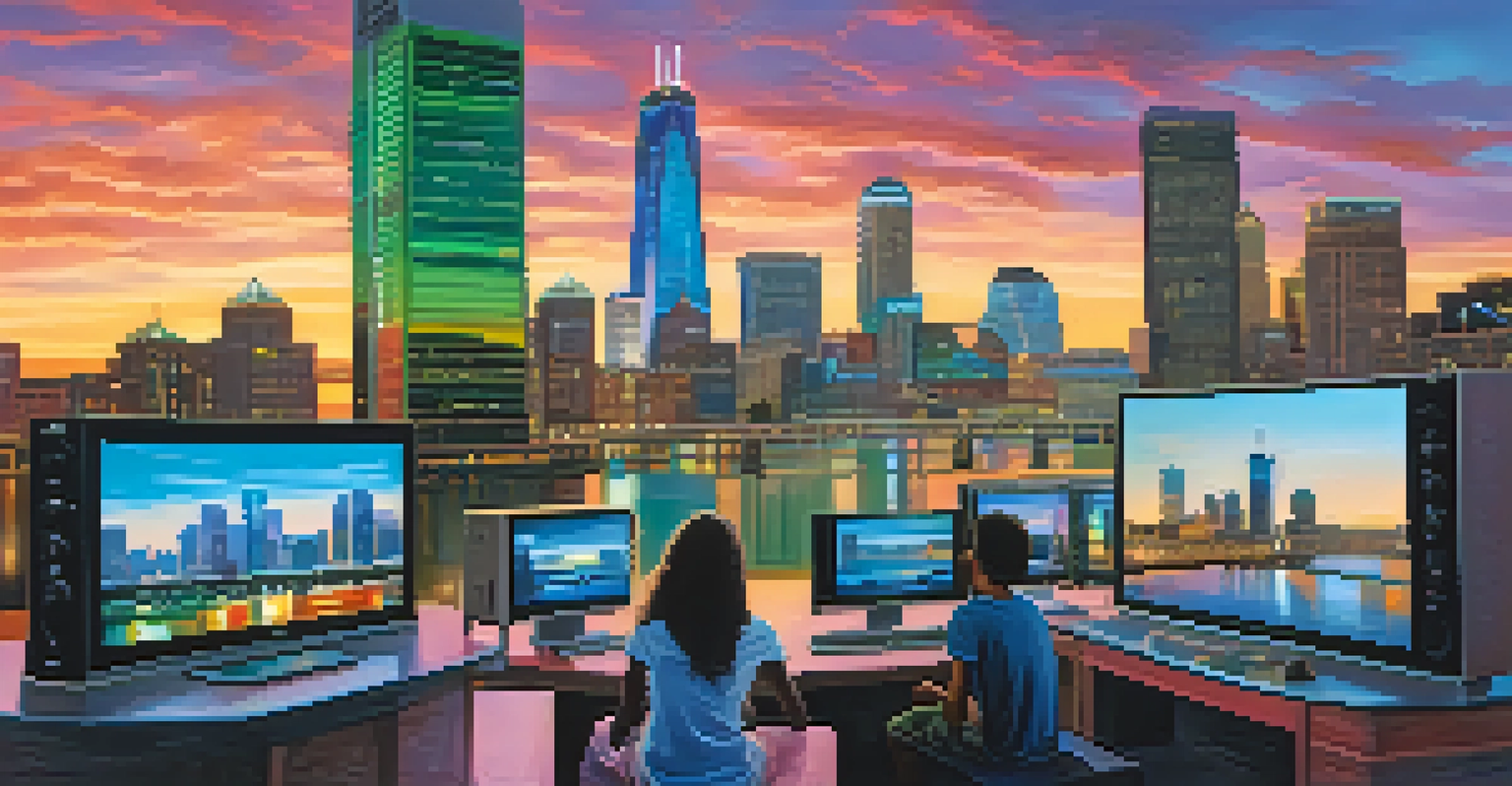 A digital landscape showing youth interaction through technology, with cultural symbols on screens and a city skyline at dusk.