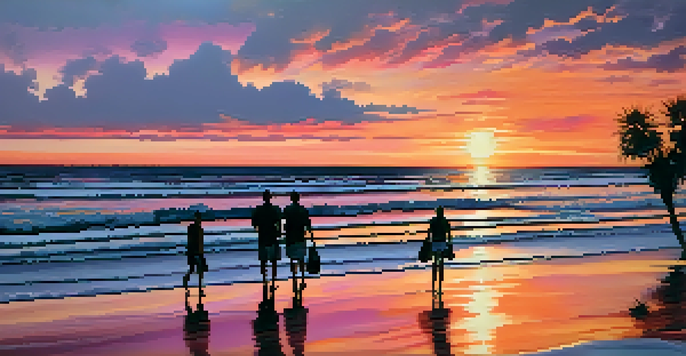 A picturesque sunset at Jacksonville Beach with silhouettes of palm trees and people walking on the sandy shore.