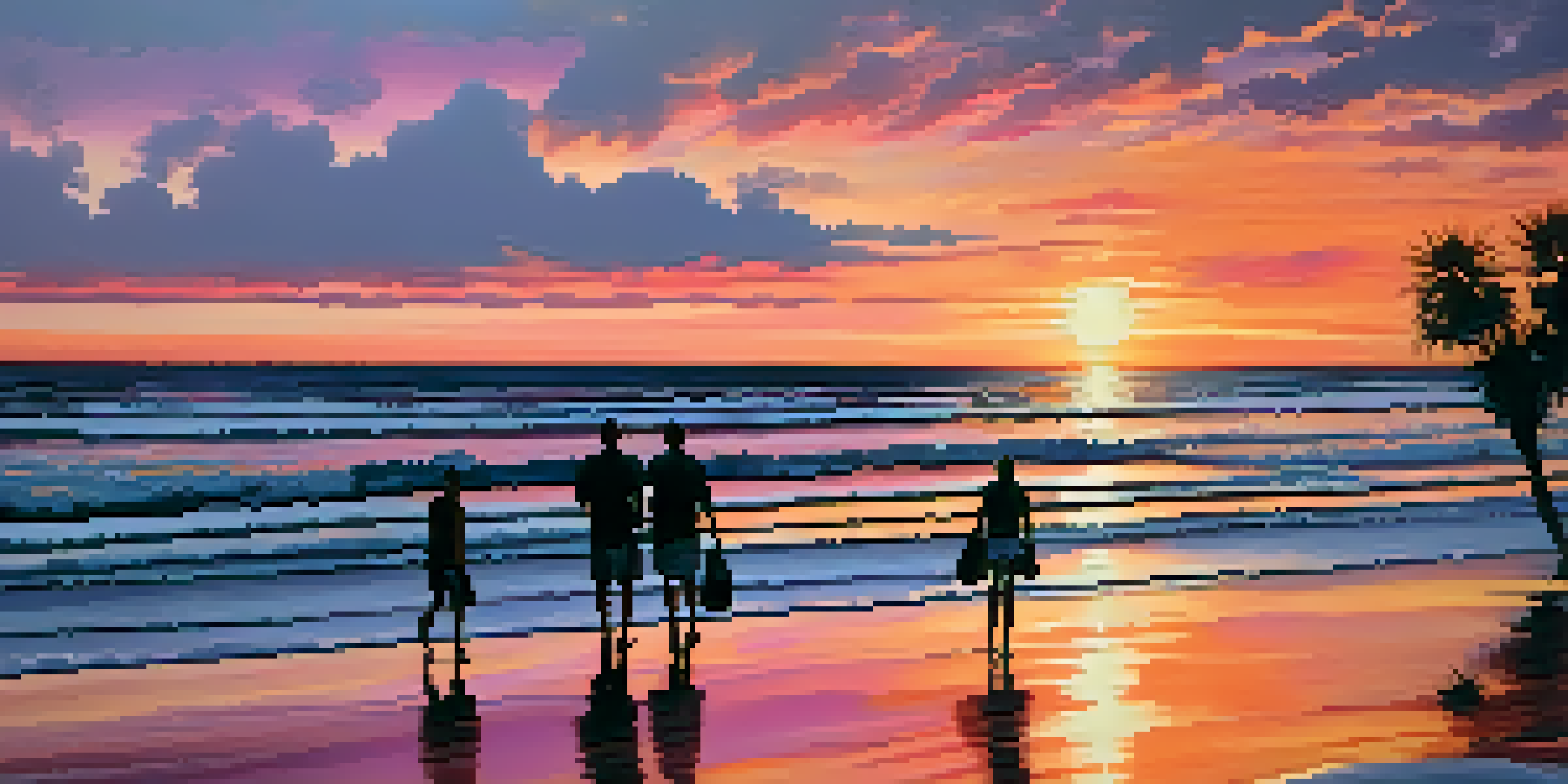 A picturesque sunset at Jacksonville Beach with silhouettes of palm trees and people walking on the sandy shore.