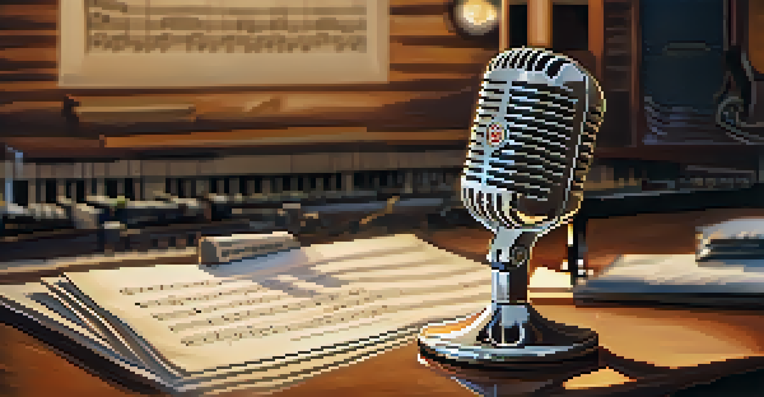 A close-up of a vintage microphone in a music studio, surrounded by sheet music and warm golden lighting.