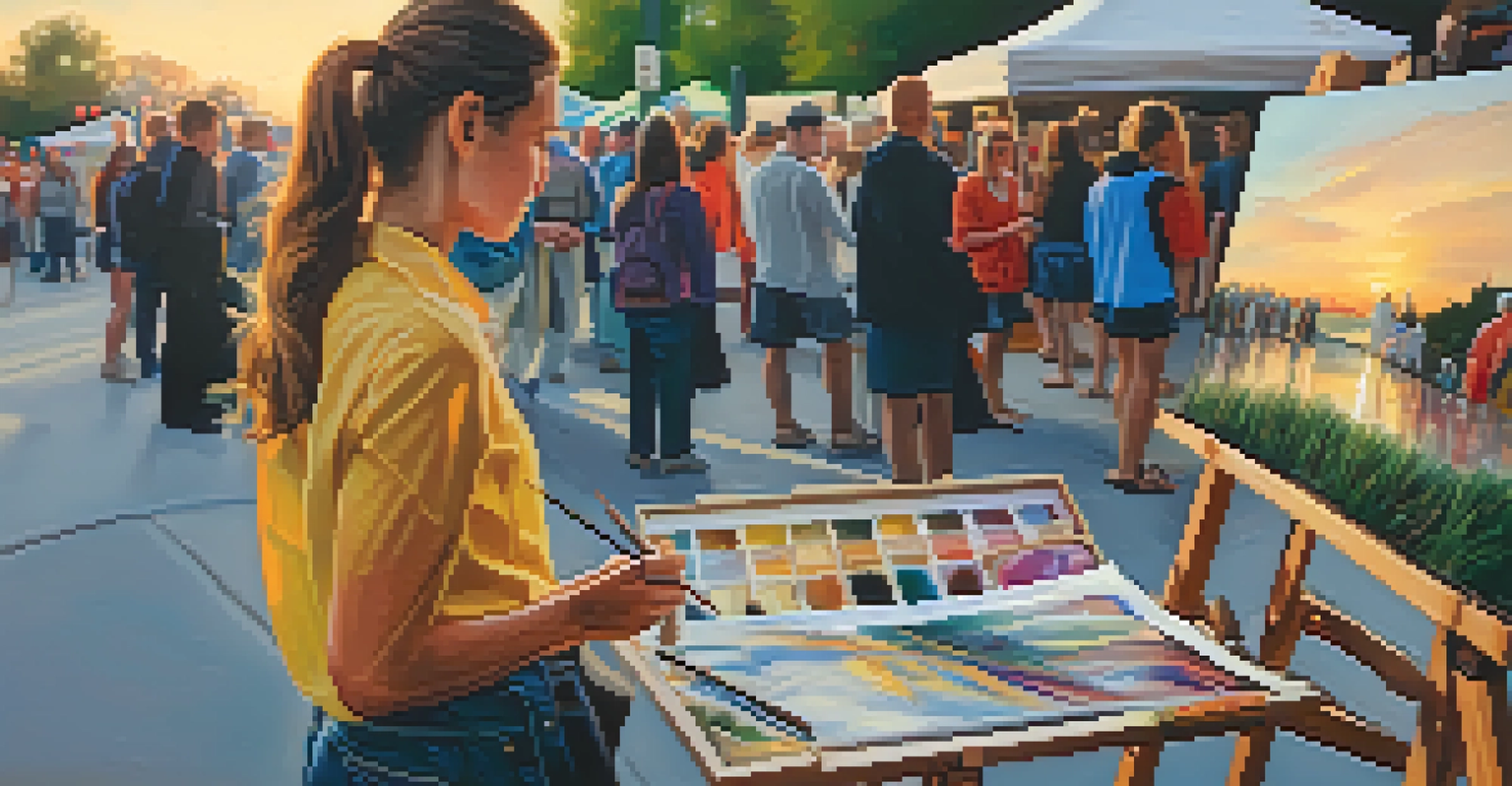 A close-up of a local artist painting during Jacksonville's Art Walk, with vibrant colors and engaged visitors in the background.