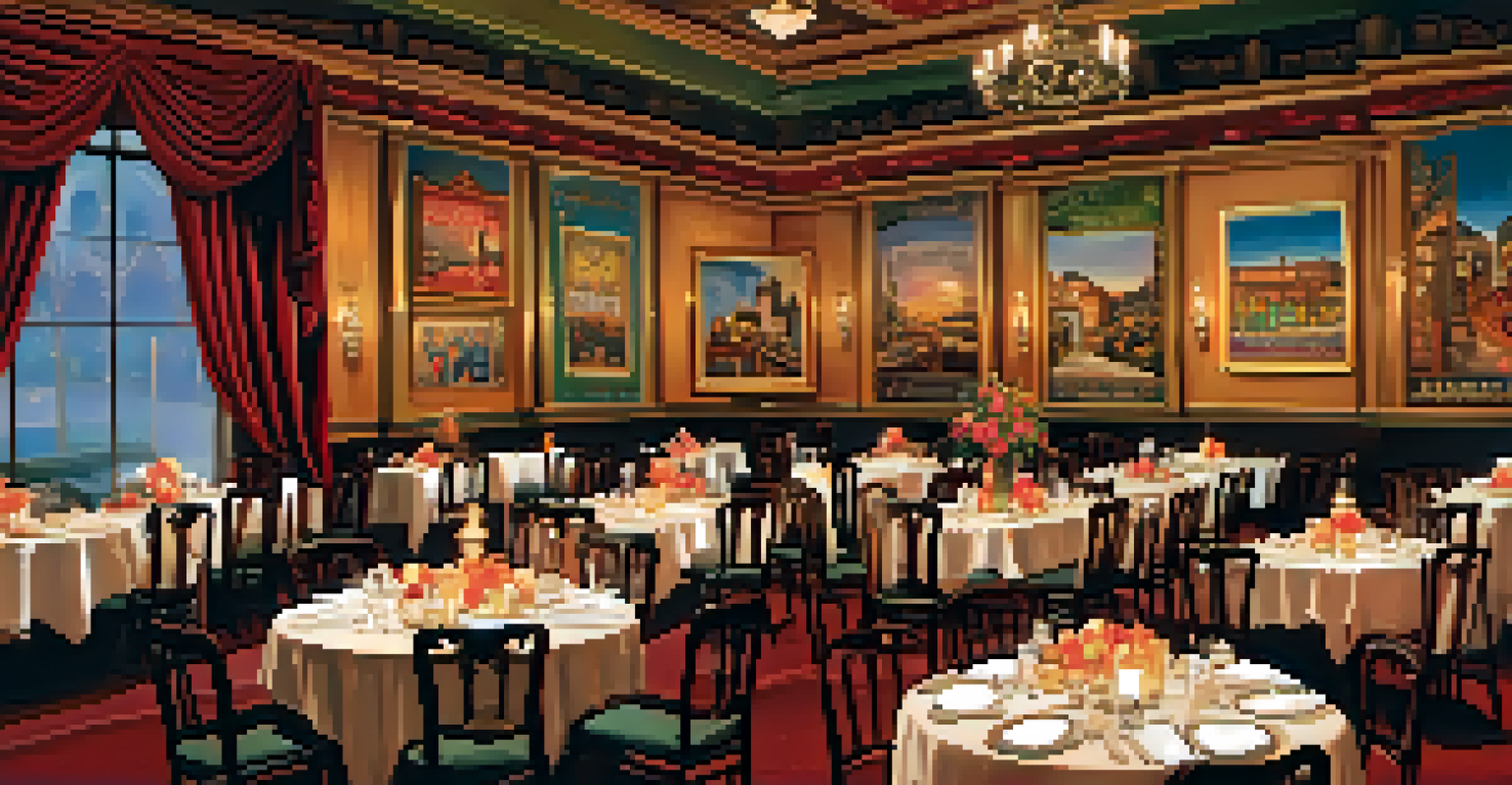 The interior of The Alhambra Theatre & Dining, showcasing elegantly set tables and vintage theater posters, with a stage in the background.
