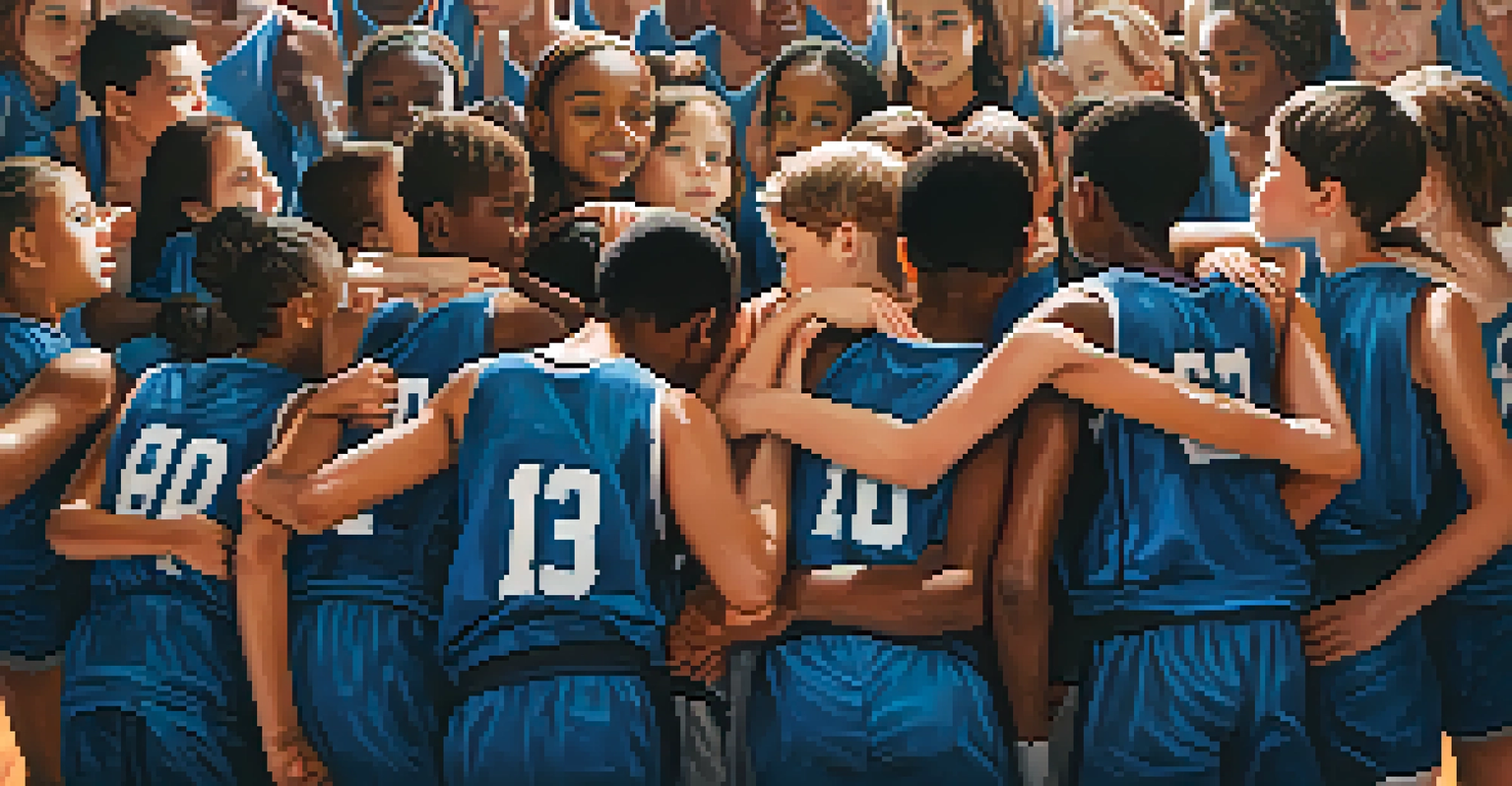 A youth basketball team in a gym, huddled together in a motivational pose, with parents cheering in the background.