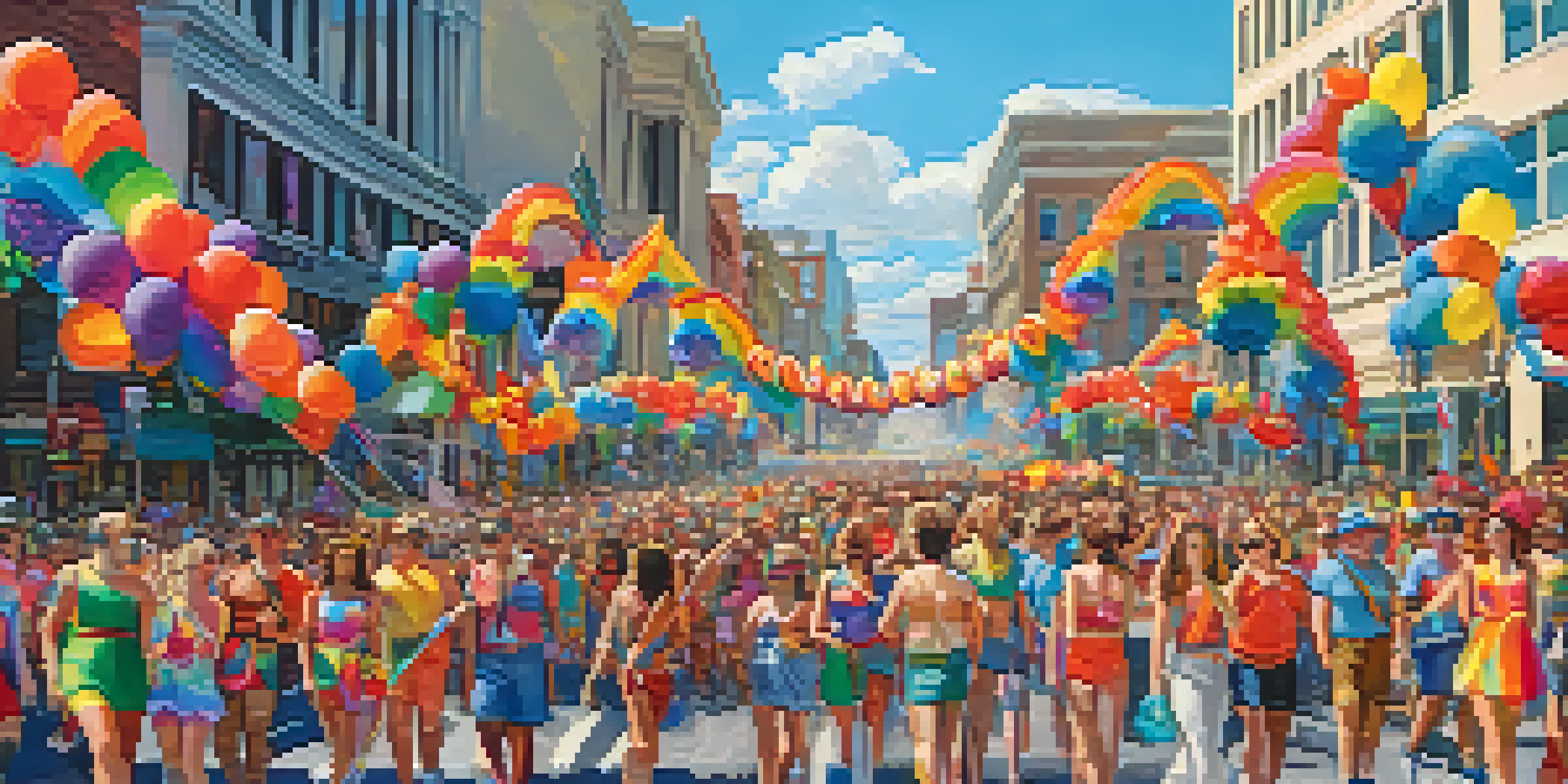 A lively parade at Jacksonville's Pride Festival with participants in rainbow outfits and colorful floats, set against a sunny backdrop.