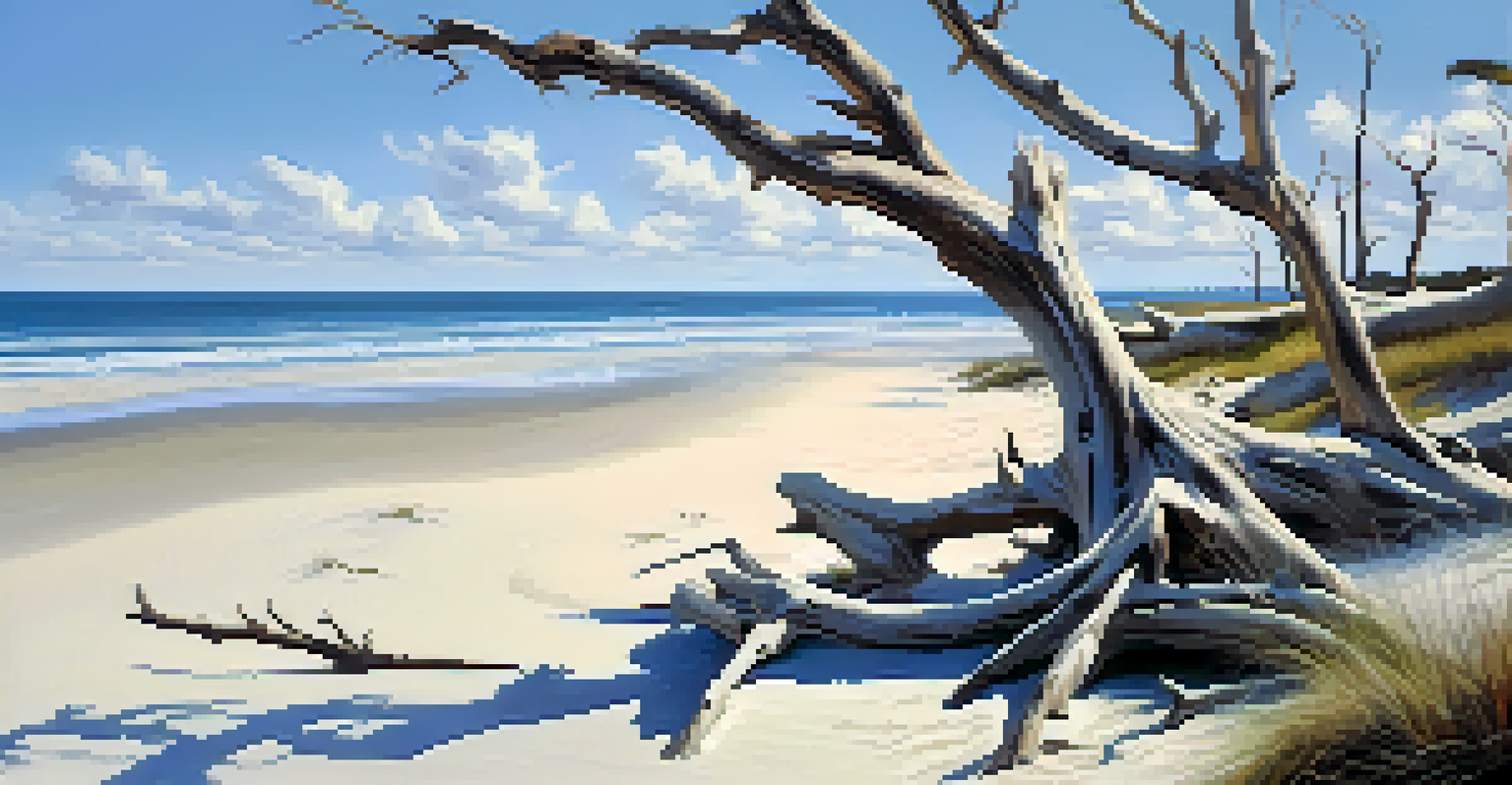 A scenic view of Boneyard Beach at Big Talbot Island State Park, showcasing skeletal trees on sandy shores with gentle waves and a clear blue sky.