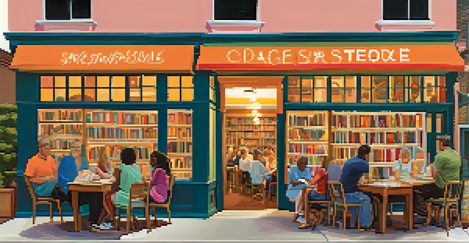 An outdoor book signing event at a local Jacksonville bookstore, featuring a local author and enthusiastic readers. Colorful banners and fairy lights decorate the scene.