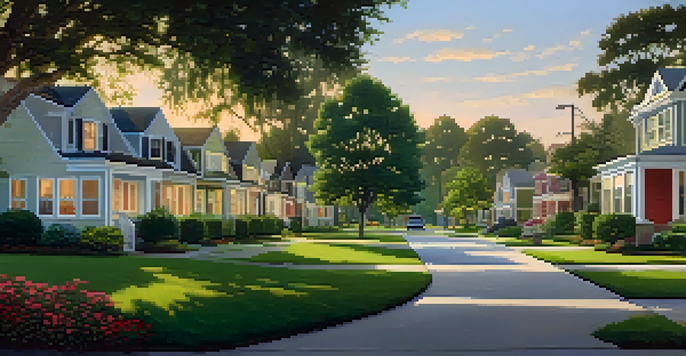 A peaceful suburban neighborhood in Jacksonville with spacious homes, lawns, and children playing in a park during sunset.