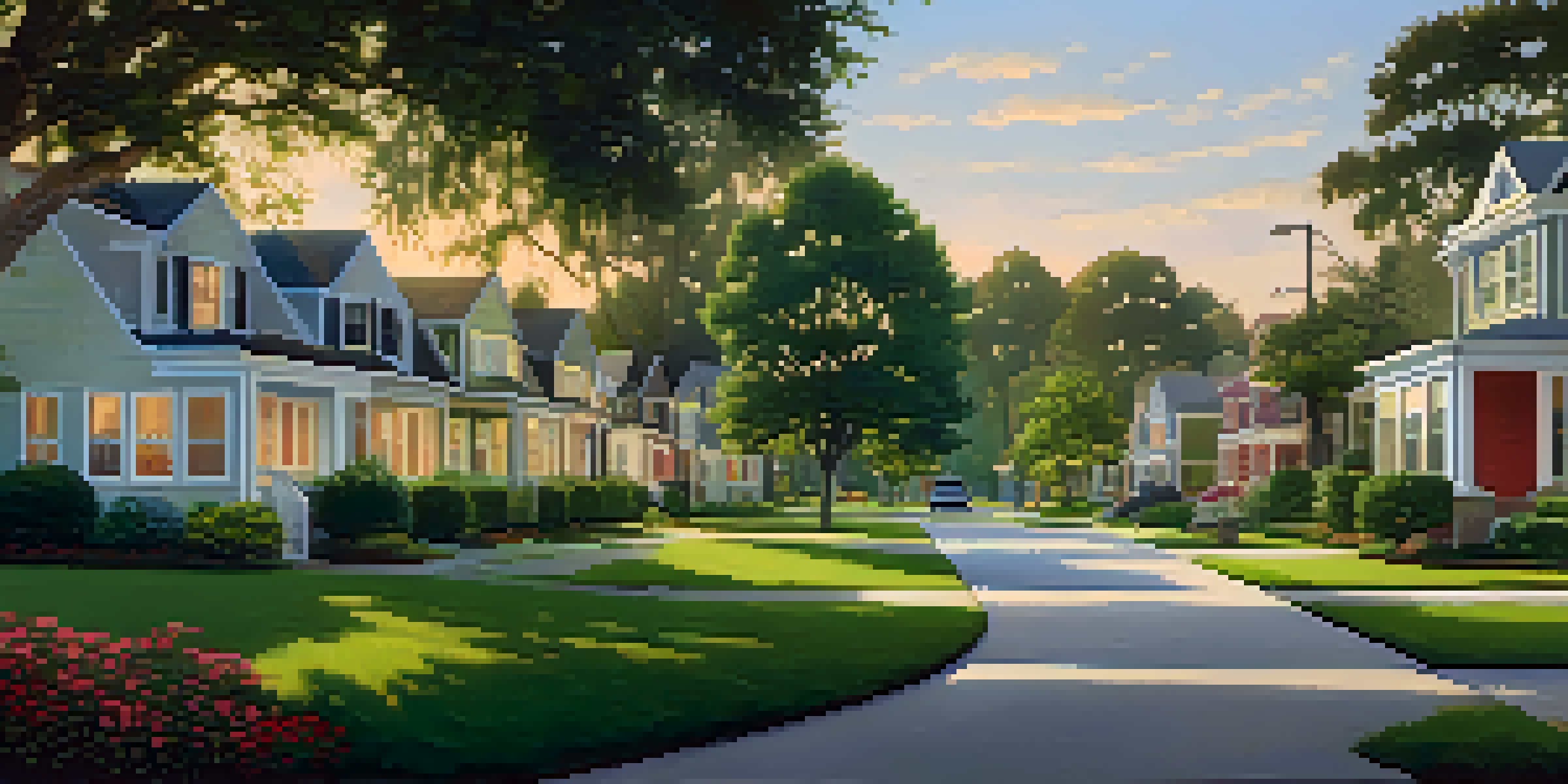 A peaceful suburban neighborhood in Jacksonville with spacious homes, lawns, and children playing in a park during sunset.