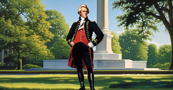 A historical representation of Andrew Jackson in front of a monument, surrounded by trees and sunlight.