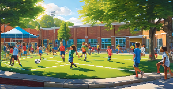A lively schoolyard with students participating in soccer, painting, and working on science projects, surrounded by colorful school buildings and trees.