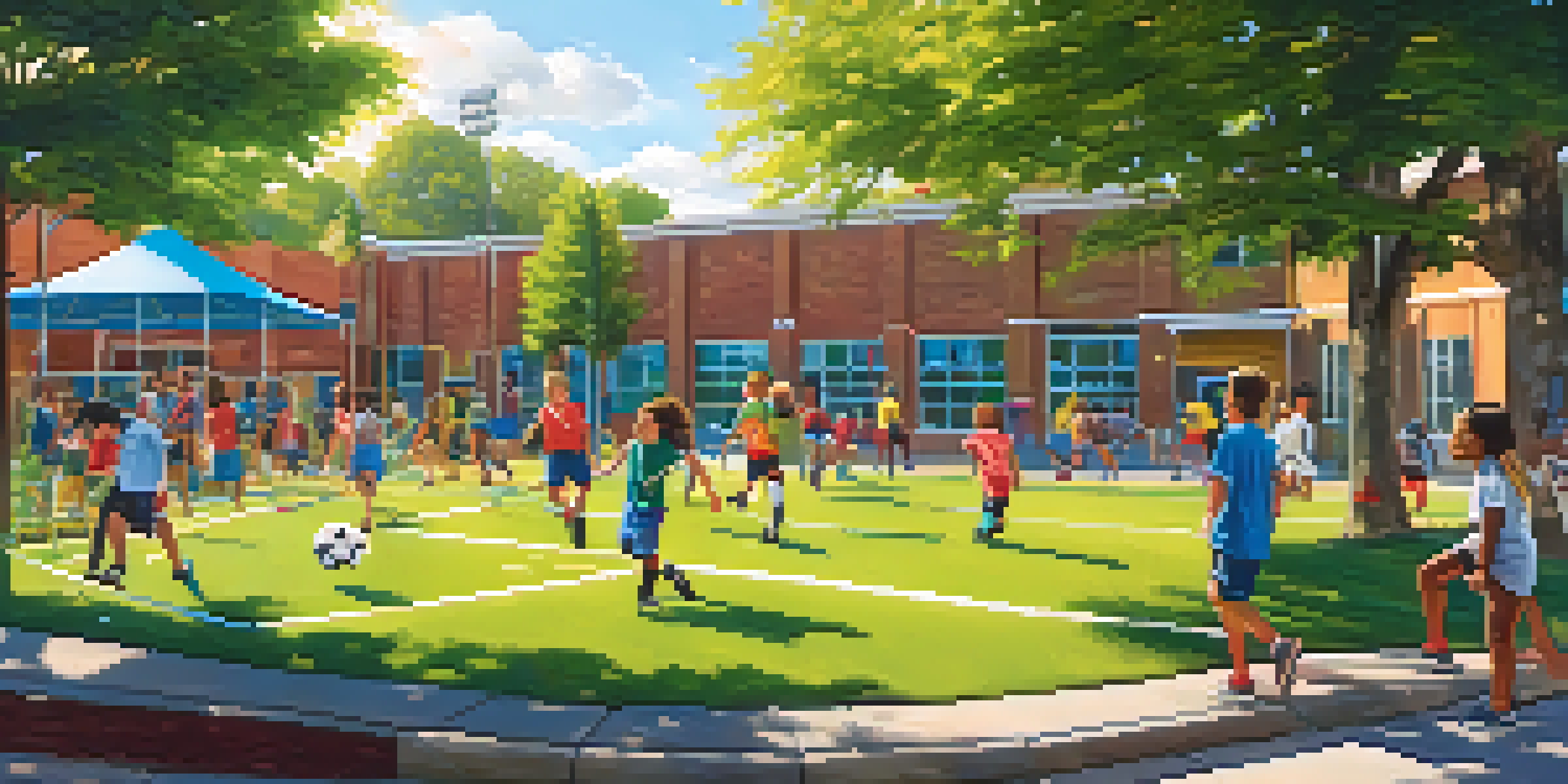 A lively schoolyard with students participating in soccer, painting, and working on science projects, surrounded by colorful school buildings and trees.