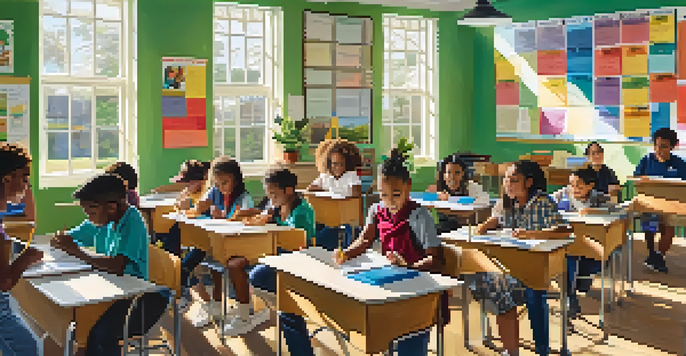 A bright and colorful classroom with diverse students working together on a project, surrounded by educational posters and sunlight.