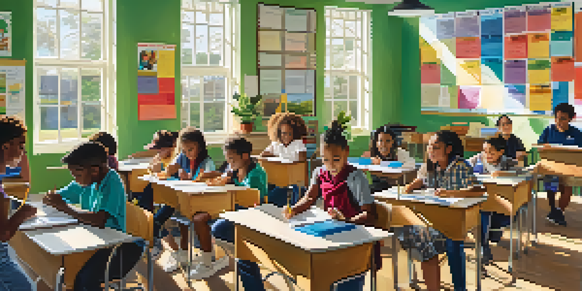 A bright and colorful classroom with diverse students working together on a project, surrounded by educational posters and sunlight.