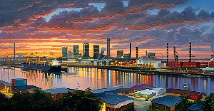A sunset view of Jacksonville's manufacturing district featuring modern factories and a vibrant sky.