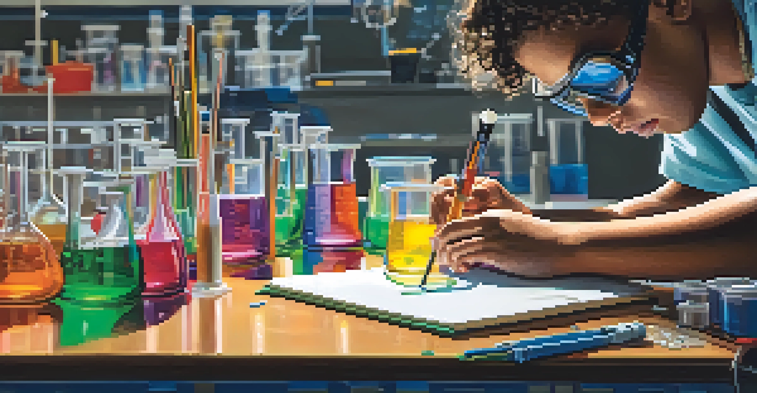 A student conducting a science experiment in a lab, with colorful beakers and test tubes.