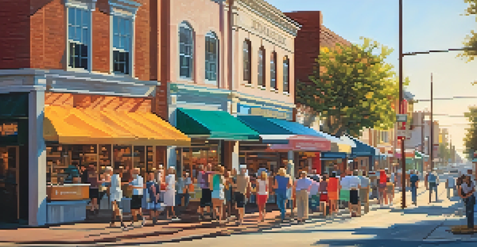 A lively street in Jacksonville filled with small businesses, colorful signs, and people shopping and dining outdoors.