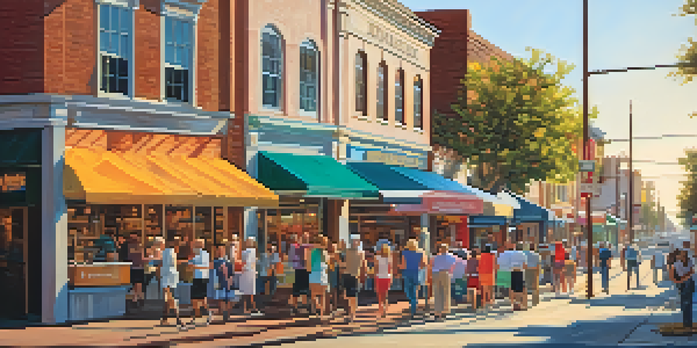 A lively street in Jacksonville filled with small businesses, colorful signs, and people shopping and dining outdoors.