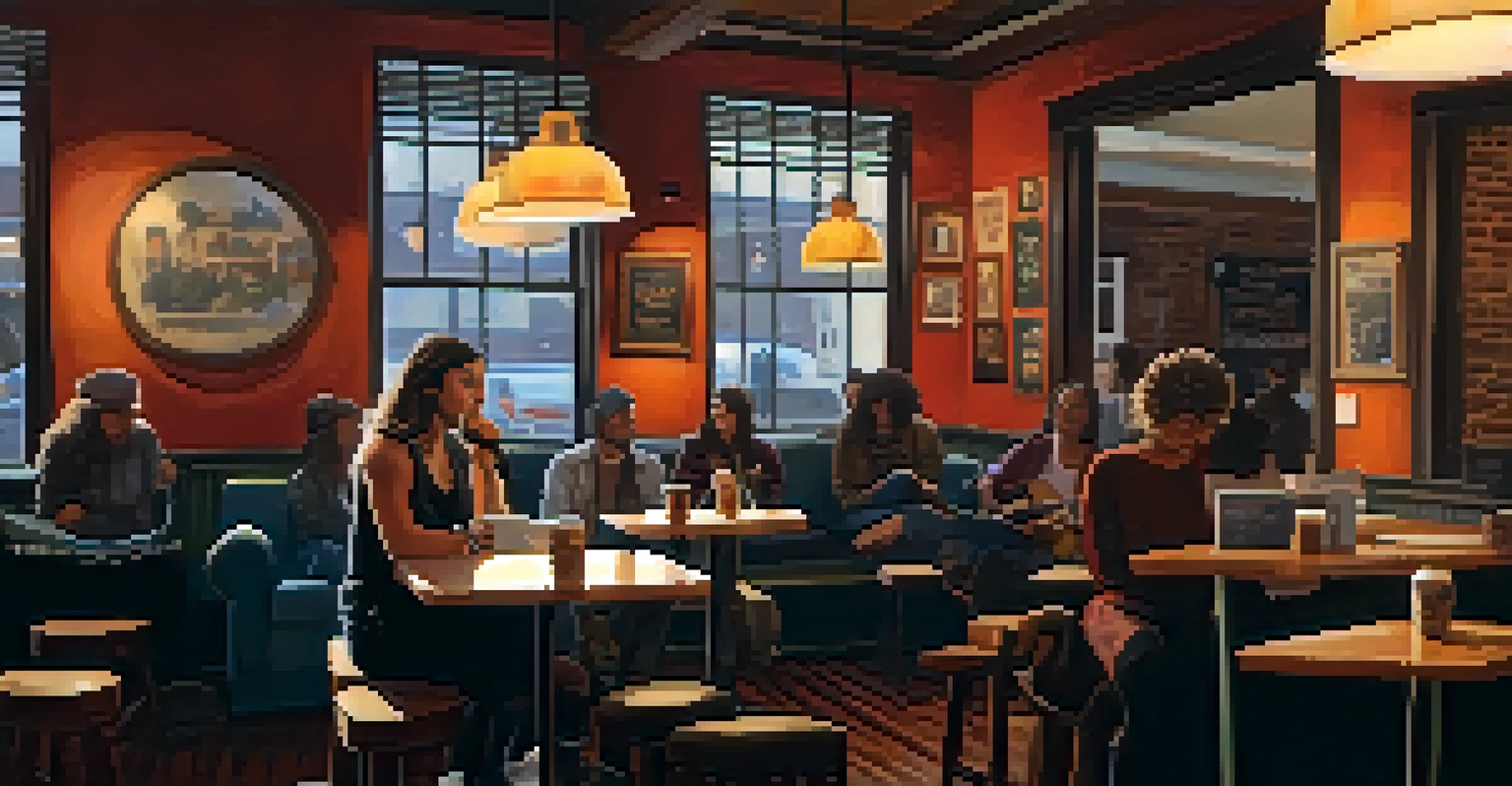 A cozy coffee shop with a young female singer-songwriter performing on stage, surrounded by an attentive audience and local art on the walls.