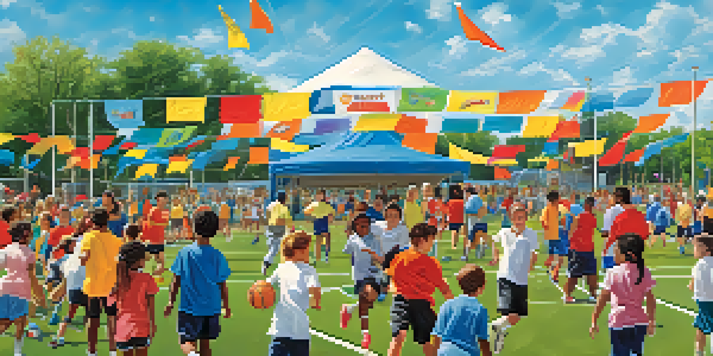 A lively youth sports festival with children of different ethnicities playing various sports like soccer and baseball in a bright outdoor setting.