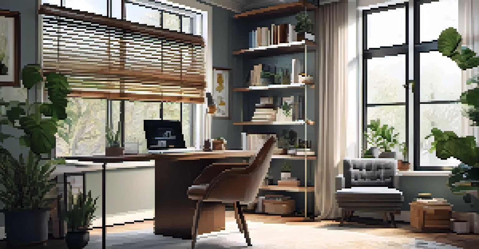 A modern home office with a desk, laptop, and natural light, featuring plants and decor for a cozy work environment.