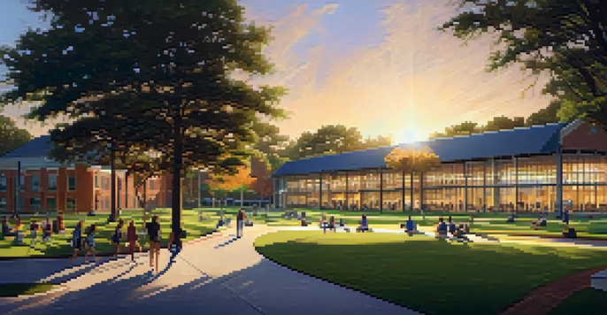 A scenic view of the University of North Florida campus with students and greenery at sunset.