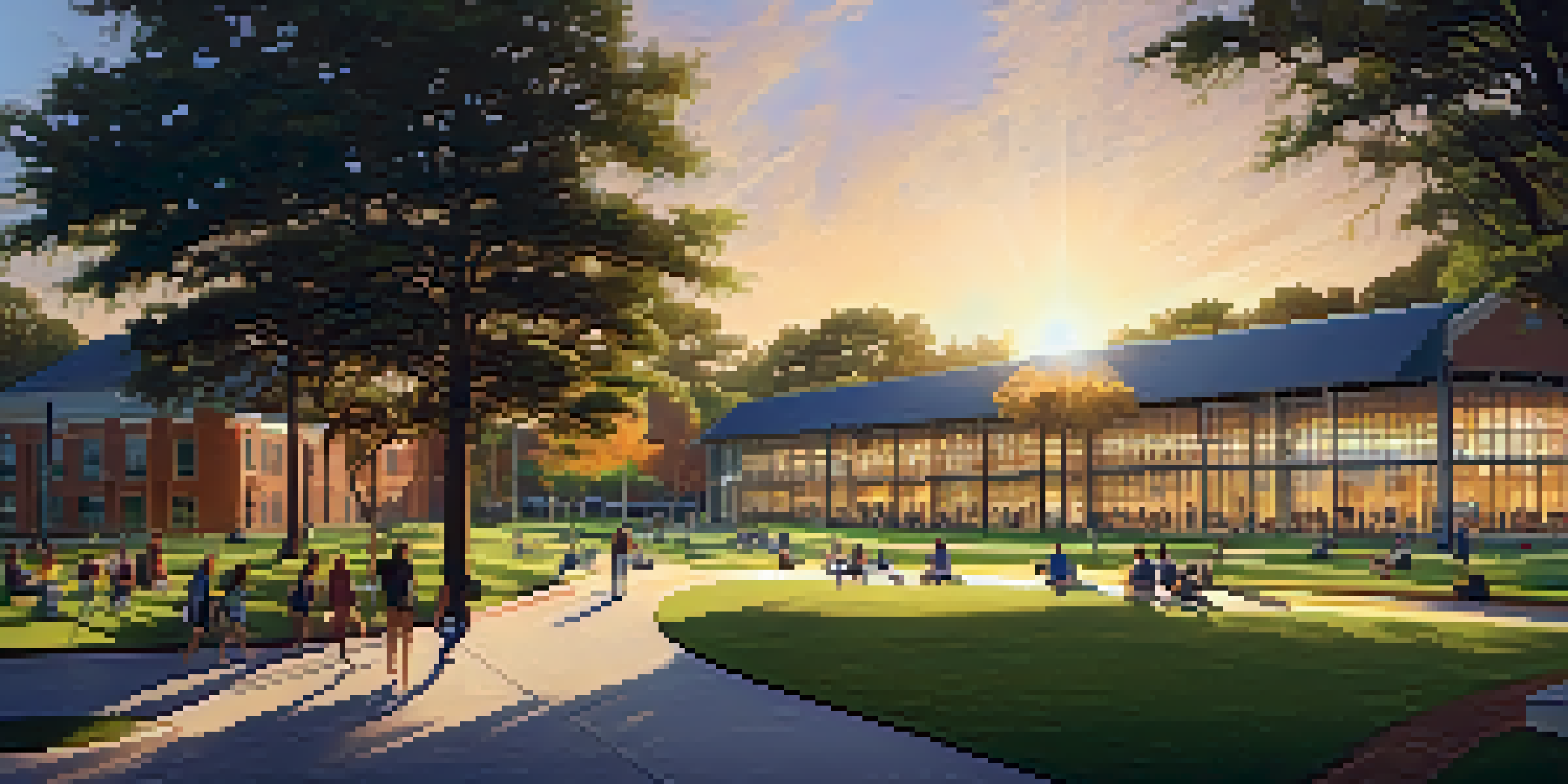 A scenic view of the University of North Florida campus with students and greenery at sunset.