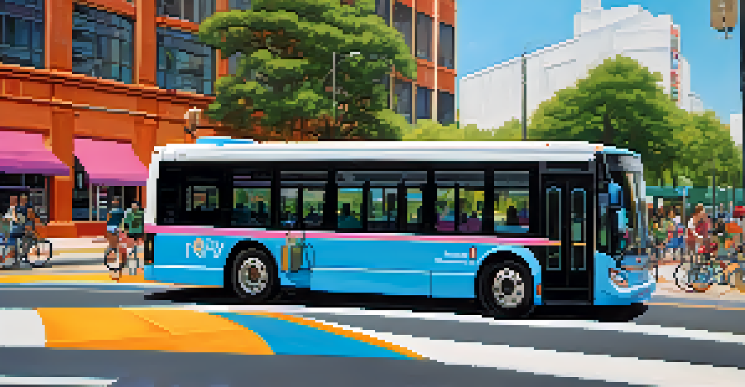 A colorful public transportation bus in a dedicated lane, with an urban park and cyclists in the background.