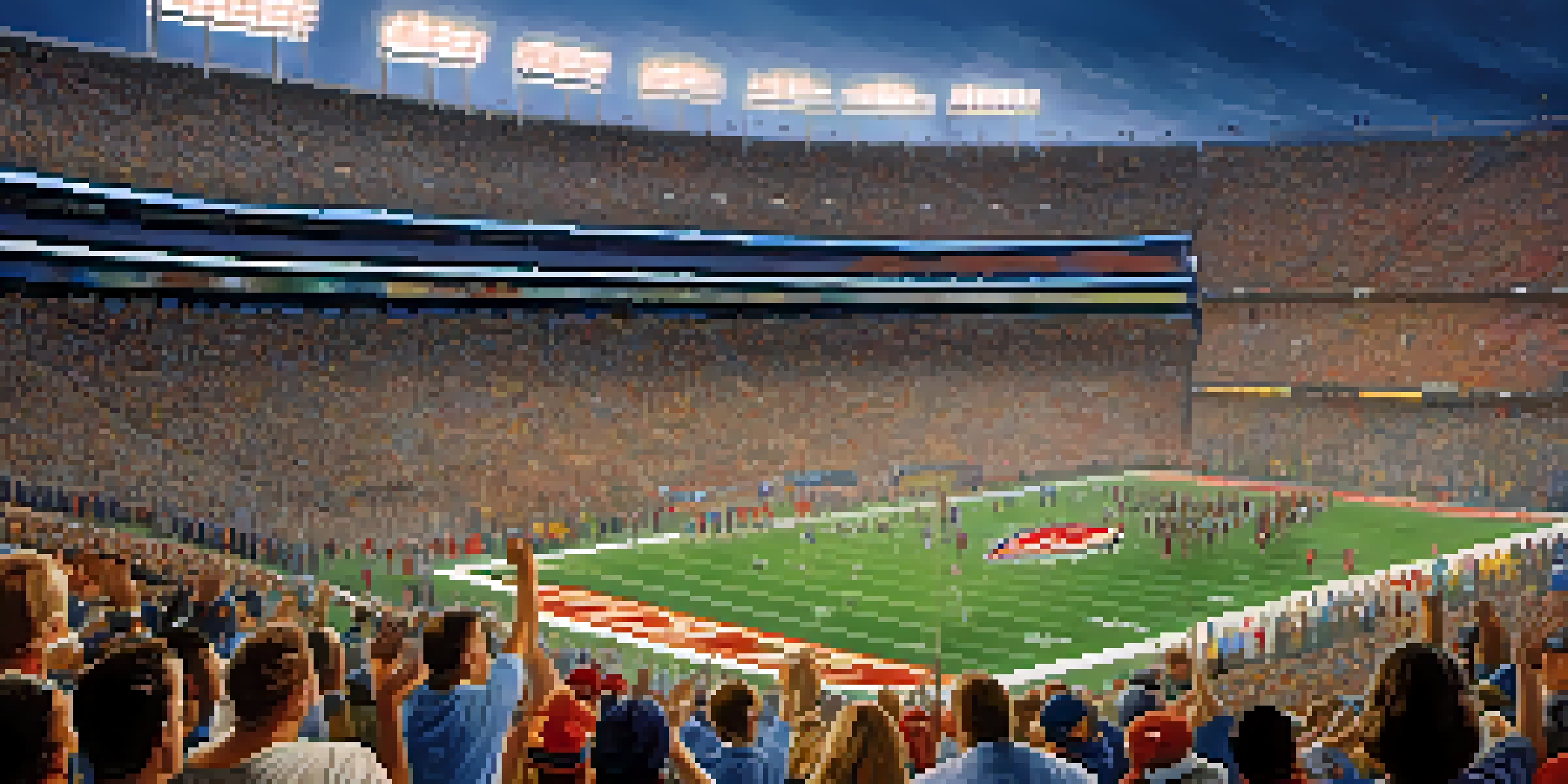 A crowded NFL stadium filled with enthusiastic fans in team colors, bright floodlights illuminating the field.