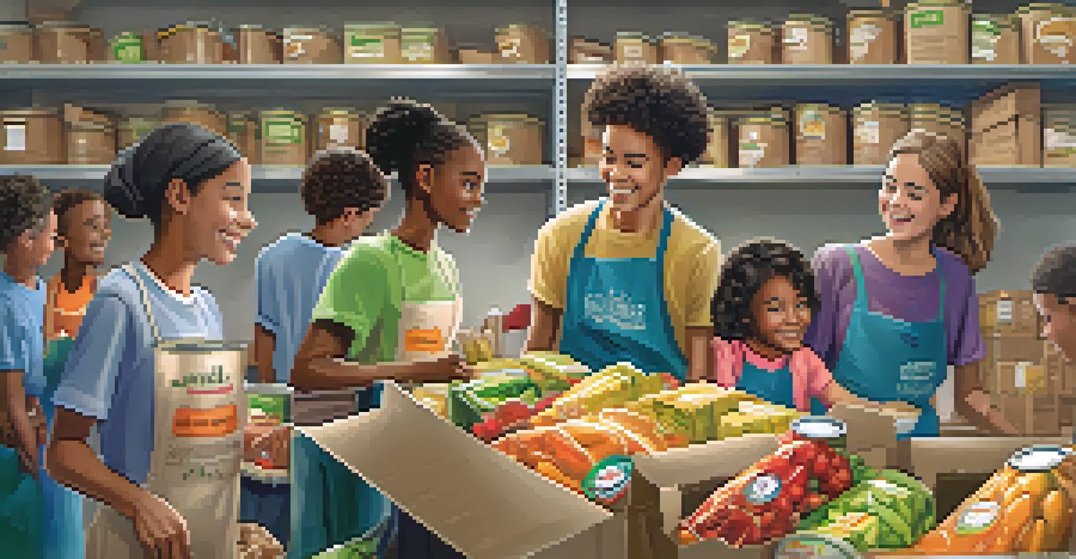 Students volunteering together at a food bank, sorting food items with smiles in a well-organized setting.