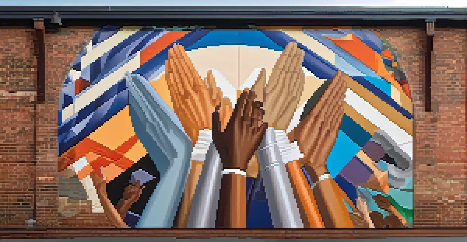A close-up of a mural symbolizing unity with interlocking hands and geometric patterns in Jacksonville.